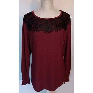 Hannah Size L Burgundy Long Sleeve Blouse w/Black Lace Trim & Gold Cuff Buttons